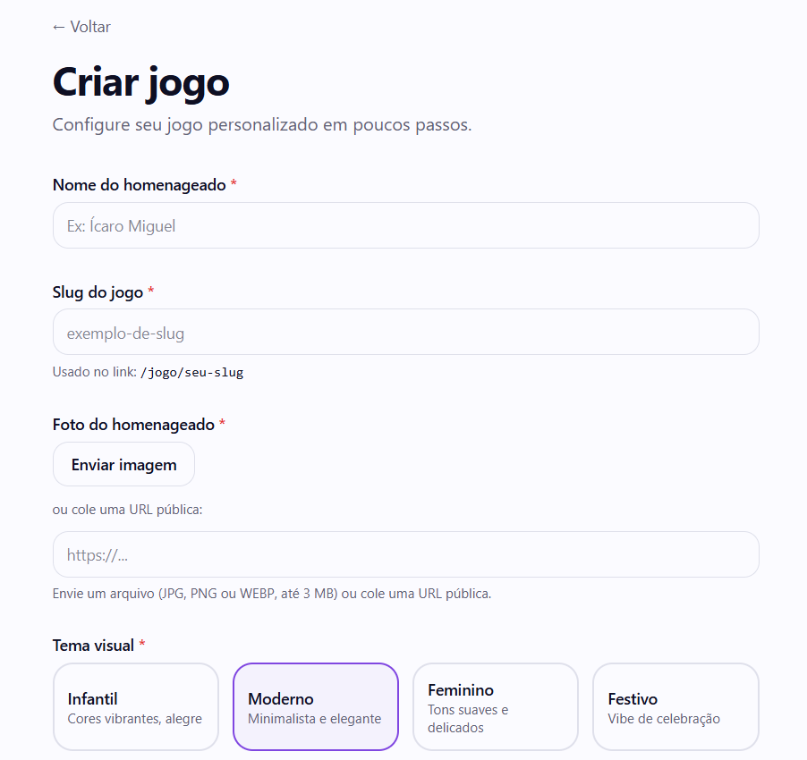 Tela de criação do jogo